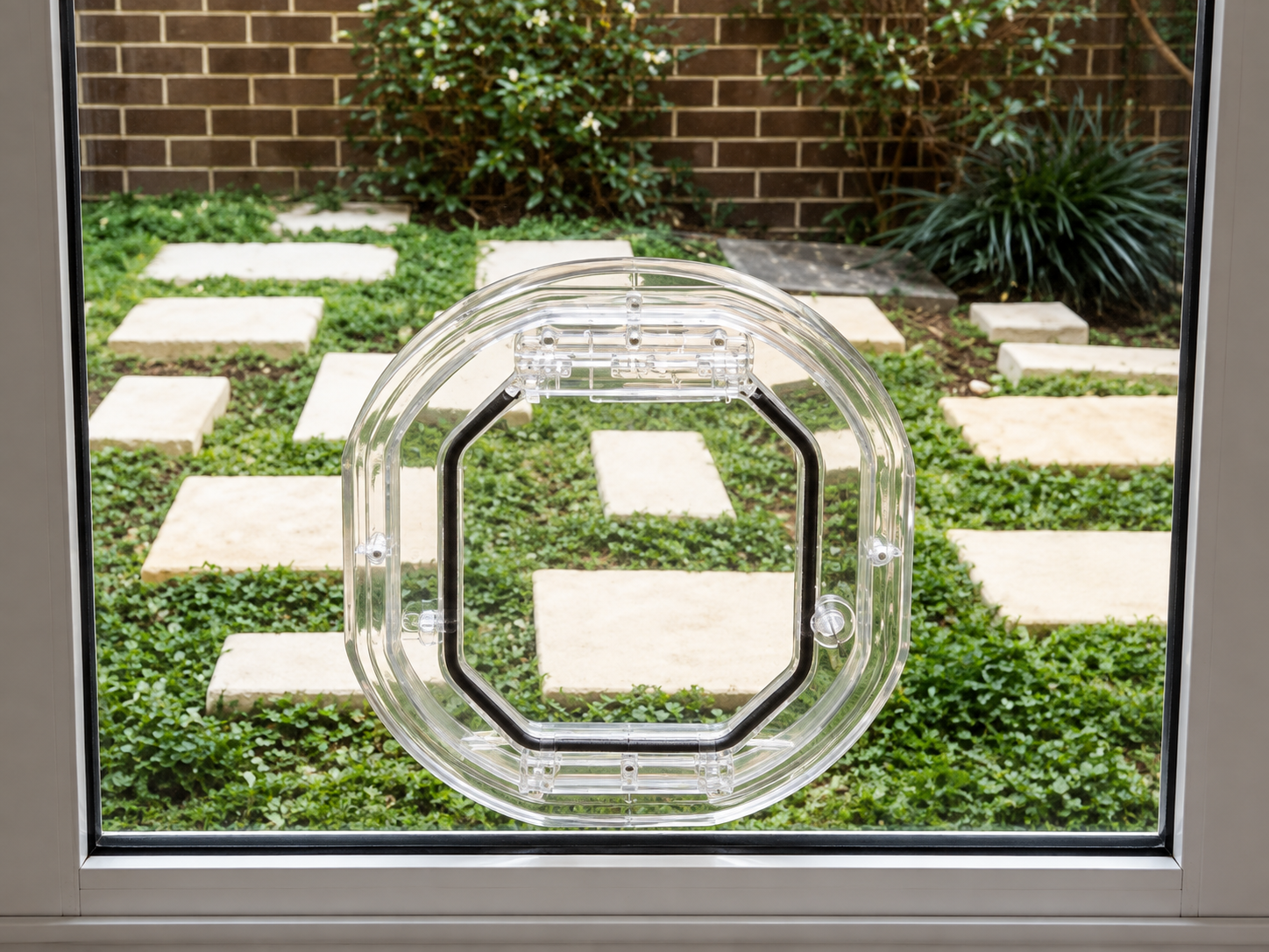 Clear Pet-Tek round pet door fitted into glass