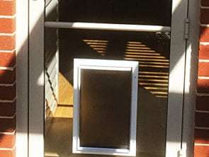 Rectangular aluminium pet door installed in a glass panel